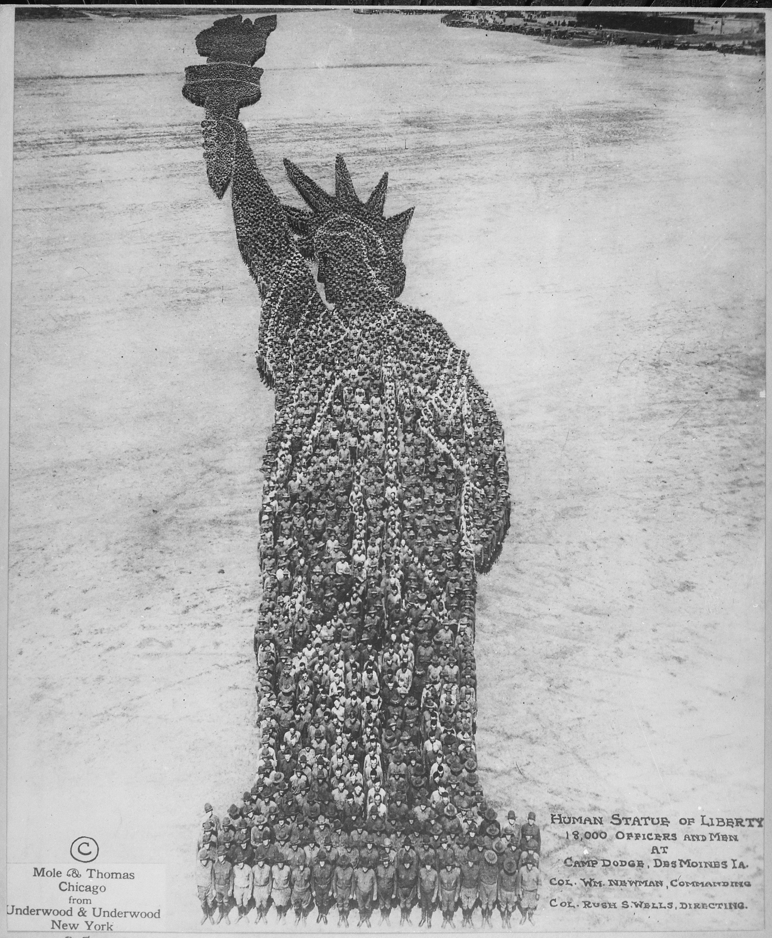 Human Statue of Liberty. 18,000 Officers and Men at Camp Dodge, Des Moines, Iowa. Colonel William Newman,