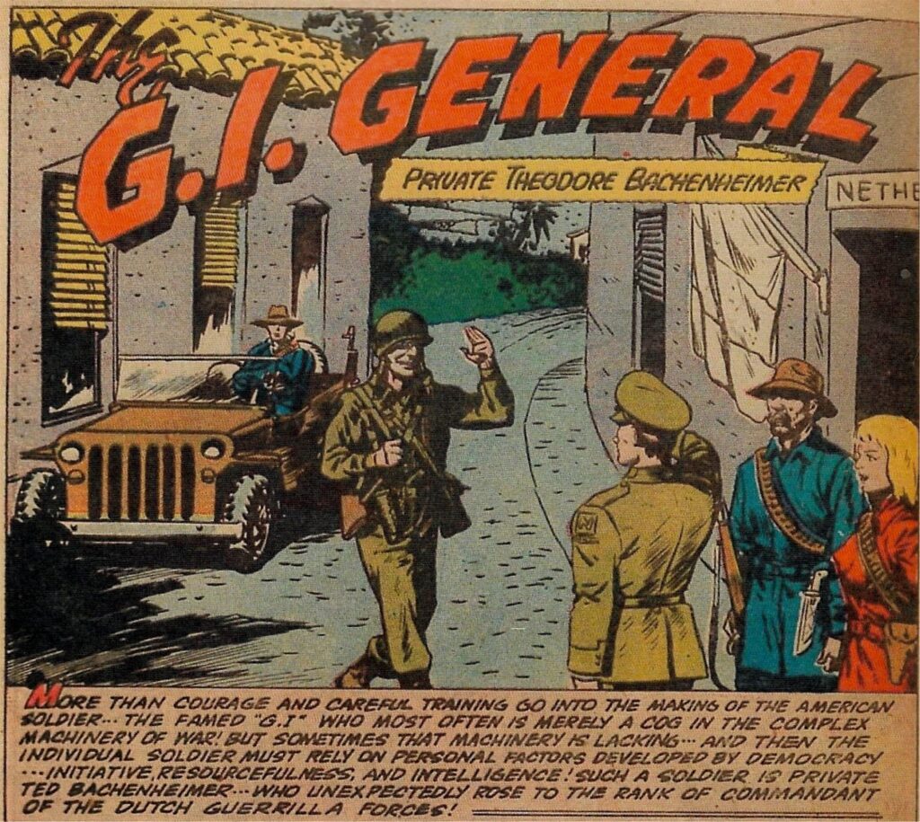 איור מהמגזין Real Life Comics, (ספטמבר 1945), המתאר את תיאודור באכנהיימר פוגש את כוחות ההתנגדות הולנדית.
